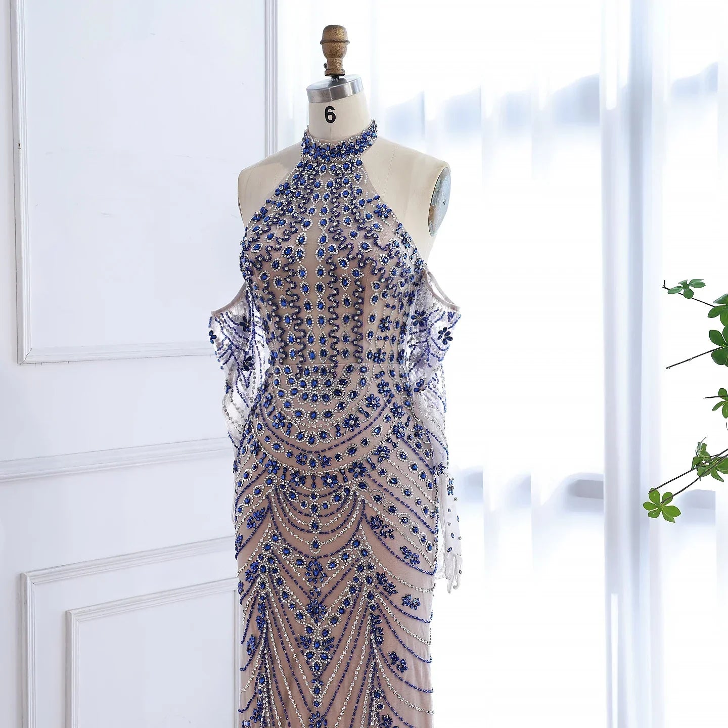 Luxury Kosovo Blue Evening Dress With Gloves