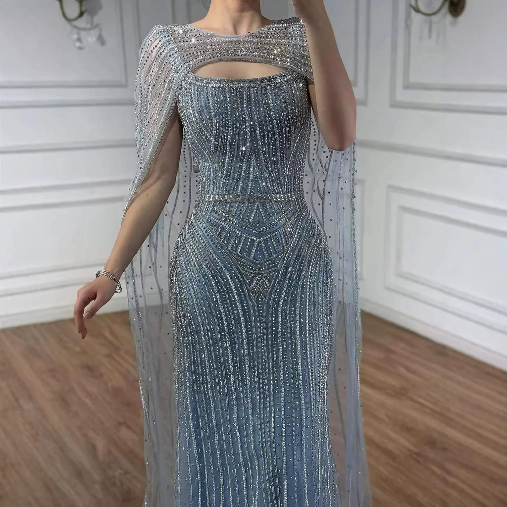Luxury Blue Diamond Evening Dress With Cape