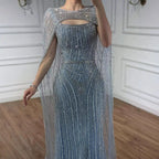 Luxury Blue Diamond Evening Dress With Cape