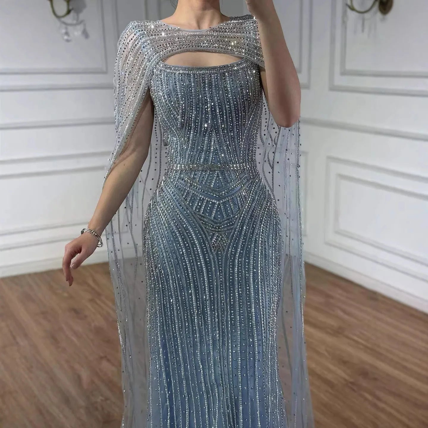 Luxury Blue Diamond Evening Dress With Cape