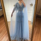 Elegant Beaded A-Line Evening Dress with Cape Sleeves