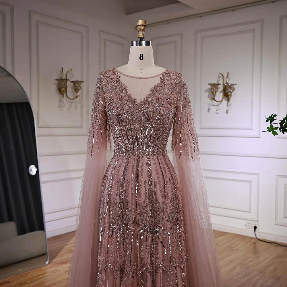 Elegant Beaded A-Line Evening Dress with Cape Sleeves
