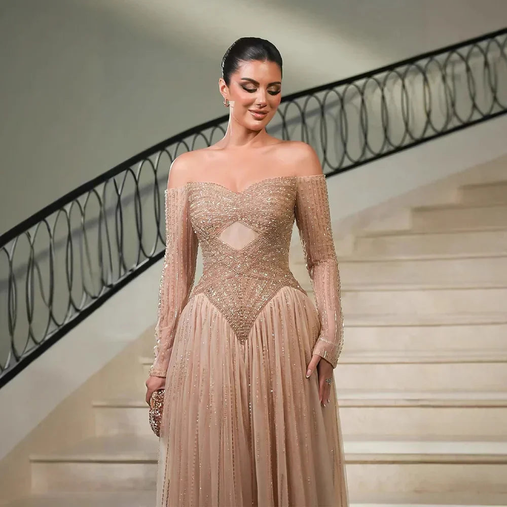 Luxury Nude Off Shoulder A-Line Beaded Evening Dress