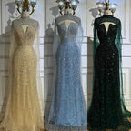 Luxury Evening Dress Nude Pearls Beaded Gown With Tulle Train