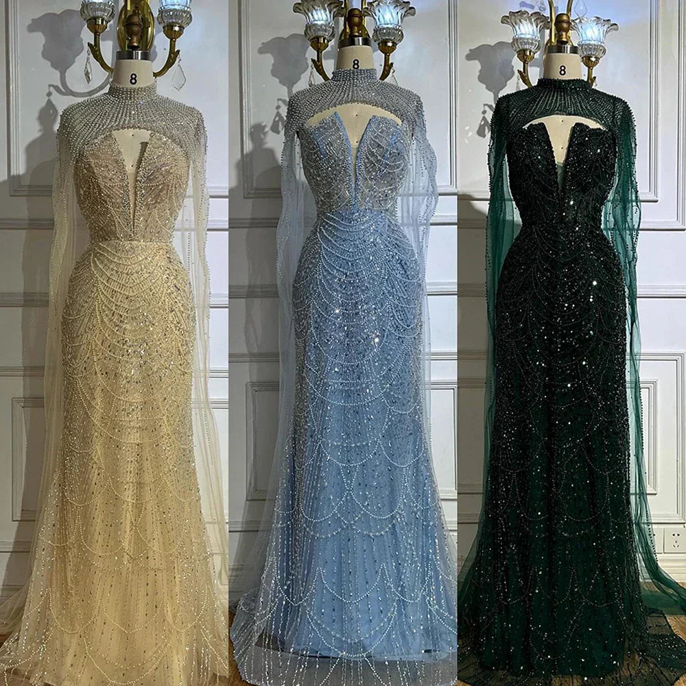 Luxury Evening Dress Nude Pearls Beaded Gown With Tulle Train