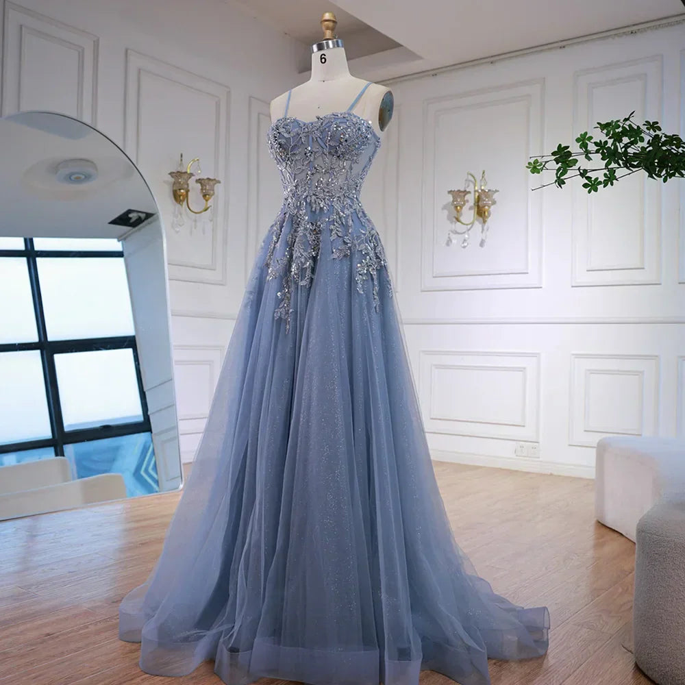 Luxury Gray Tulle A Line Prom Dress with Floral Appliques