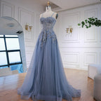 Luxury Gray Tulle A Line Prom Dress with Floral Appliques