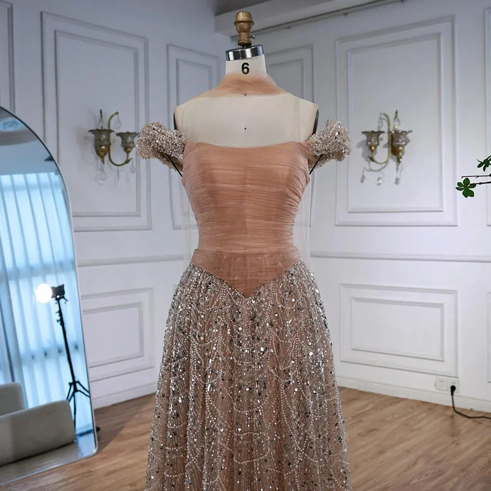 Luxury Arabic Pink Pearls Beaded Evening Dress With Cape