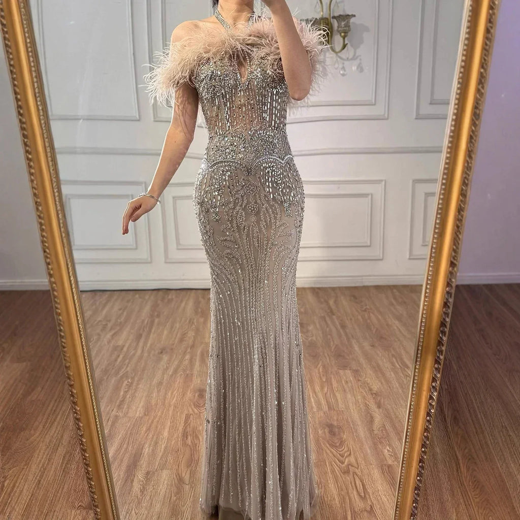 Luxury Nude Halter Feather Crystal Evening Dress