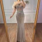 Luxury Nude Halter Feather Crystal Evening Dress