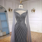 Luxury Nude Beaded Mermaid Evening Dress with Cape