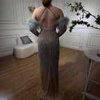 Luxury Silver Nude Mermaid Evening Dress with Beaded Tassel