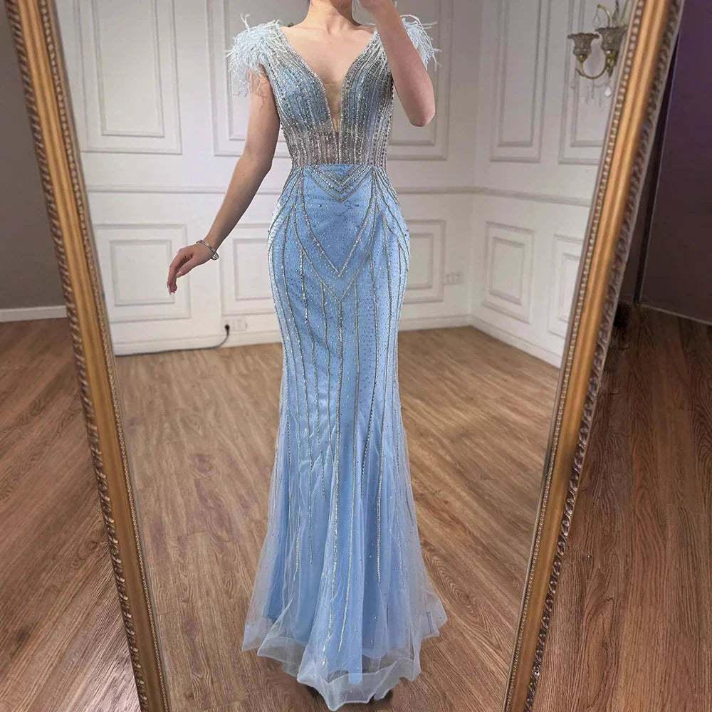 Luxury Dubai Blue Mermaid Evening Dress with Pearls and Feathers