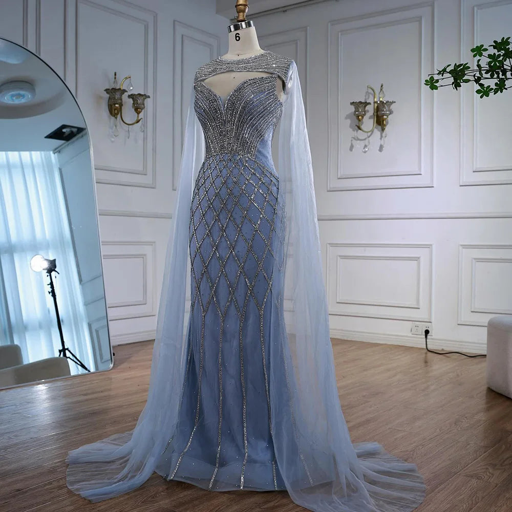 Luxury Nude Beaded Mermaid Evening Dress with Cape