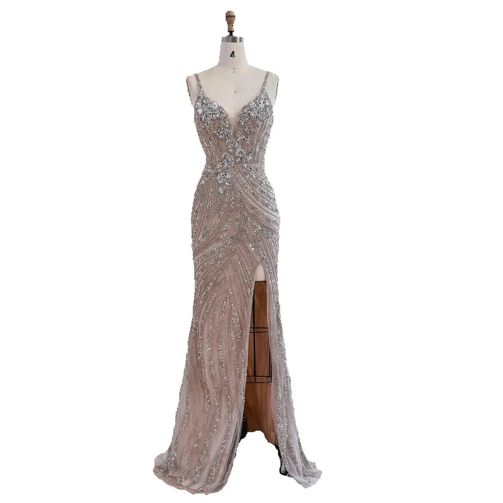 Luxury Nude Beaded High Slit Mermaid Evening Dress