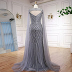 Luxury Nude Beaded Mermaid Evening Dress with Cape