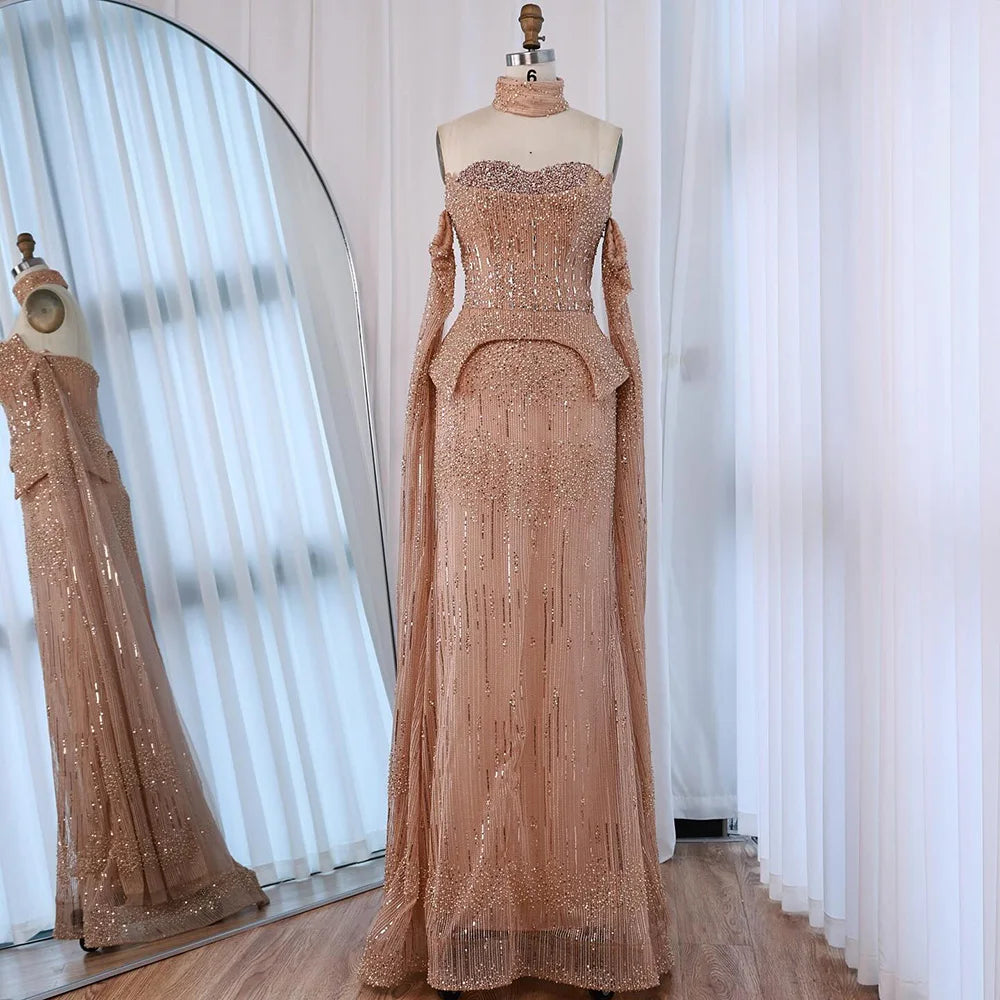 Luxury Gray Beaded Off-Shoulder Evening Dress with Cape Sleeves