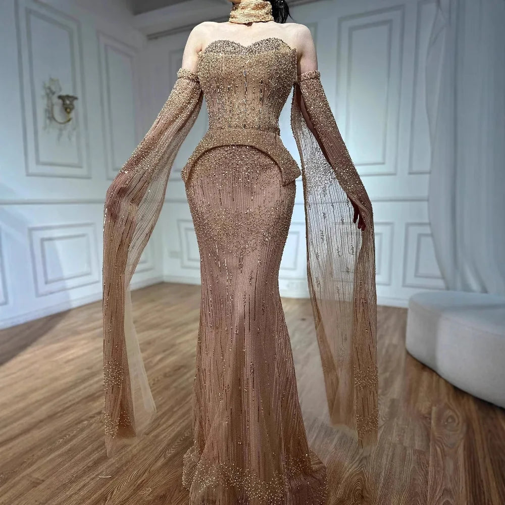 Luxury Gray Beaded Off-Shoulder Evening Dress with Cape Sleeves