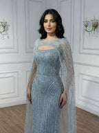 Luxury Blue Diamond Evening Dress With Cape
