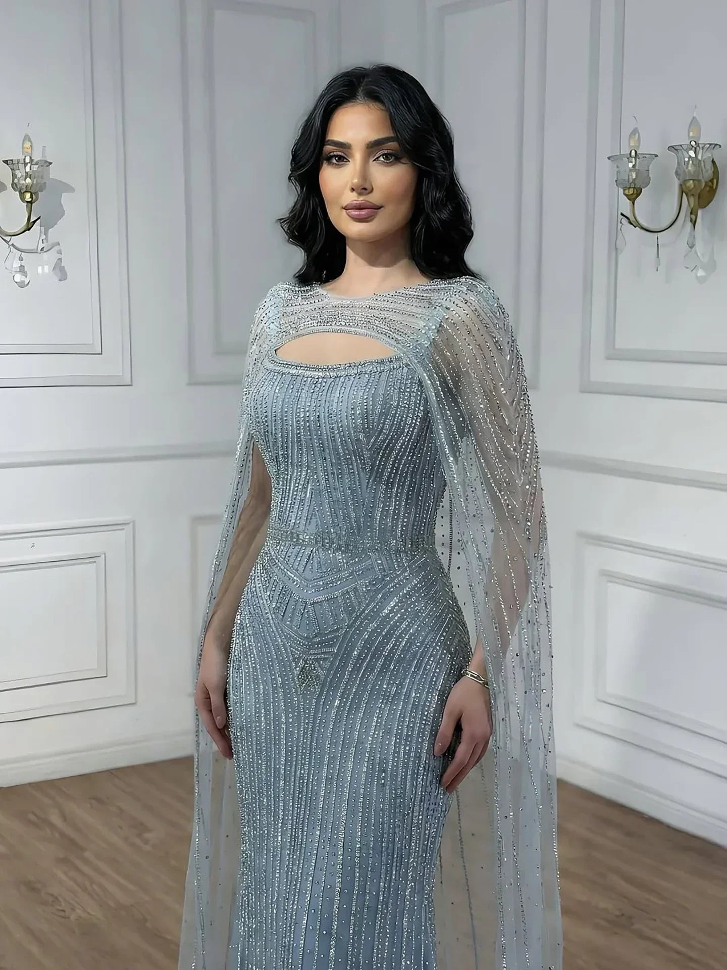 Luxury Blue Diamond Evening Dress With Cape