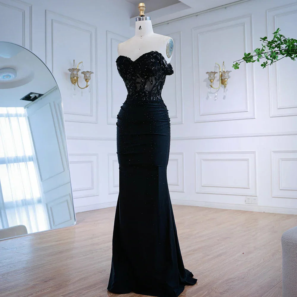 Classy Black Off-Shoulder Lace Prom Dress