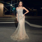 Luxury Nude Pink Crystal Tassel Mermaid Evening Dress