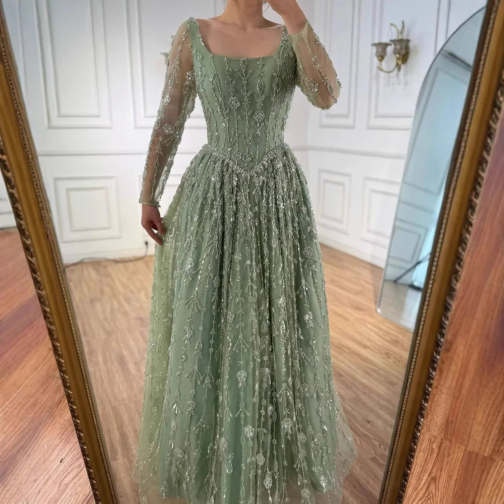 Luxury Sage Green Beaded Evening Dress with Long Sleeves