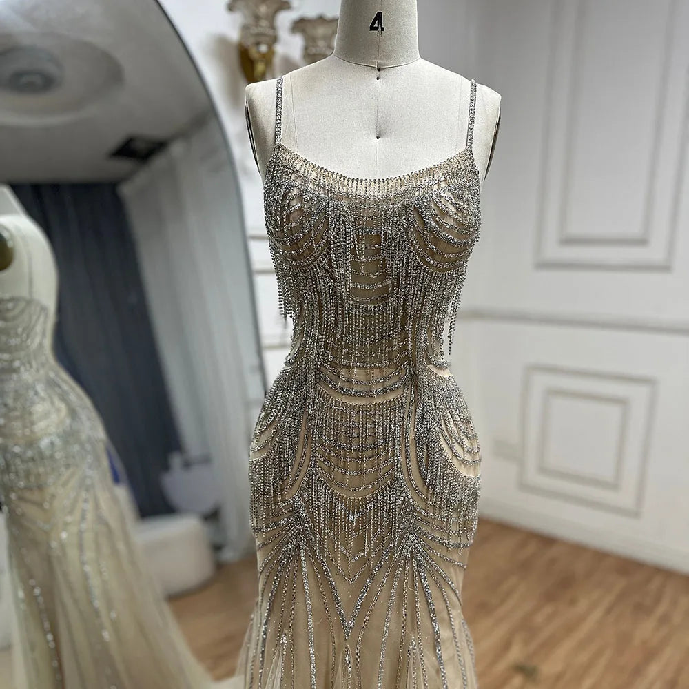 Luxury Nude Pink Crystal Tassel Mermaid Evening Dress