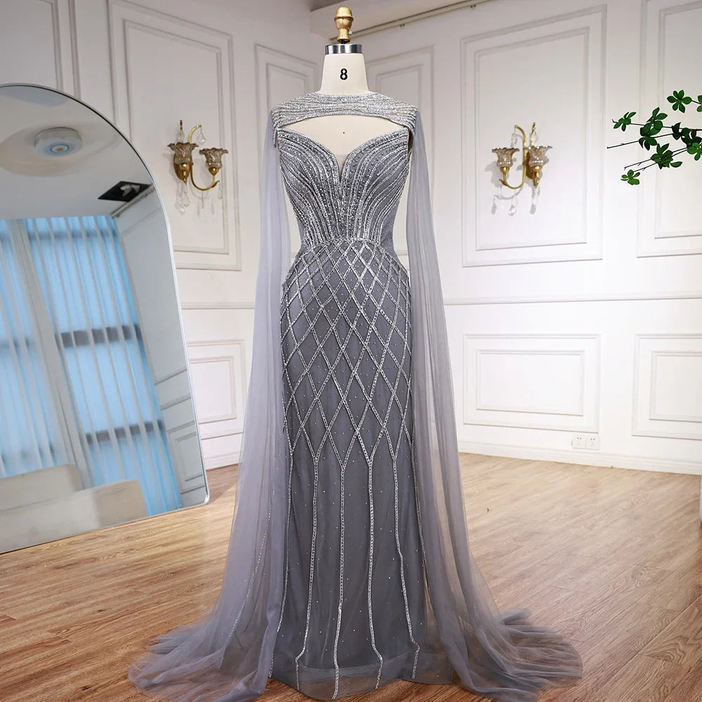 Luxury Nude Beaded Mermaid Evening Dress with Cape
