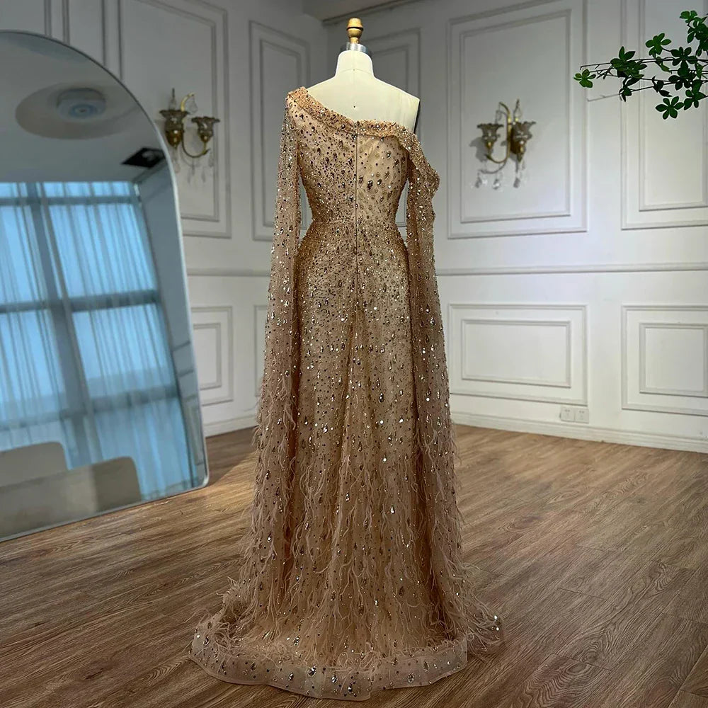 Luxury Feather One Shoulder Evening Dress with Cape Sleeves LA72763