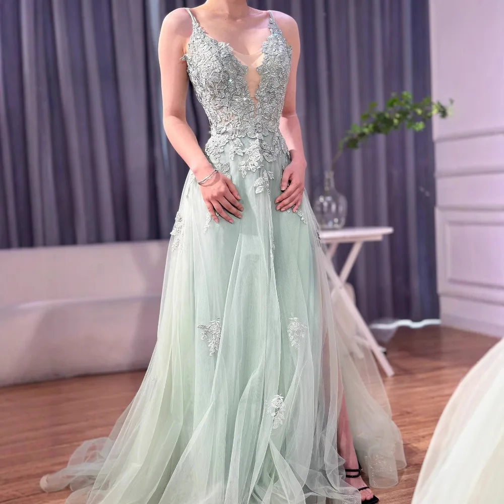 Luxury Sage Green Lace A-Line Prom Dress with Spaghetti Straps