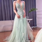 Luxury Sage Green Lace A-Line Prom Dress with Spaghetti Straps