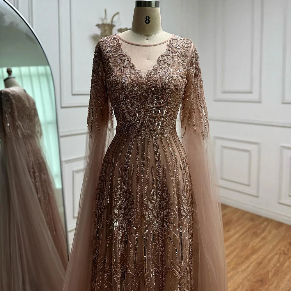 Elegant Beaded A-Line Evening Dress with Cape Sleeves
