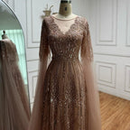 Elegant Beaded A-Line Evening Dress with Cape Sleeves
