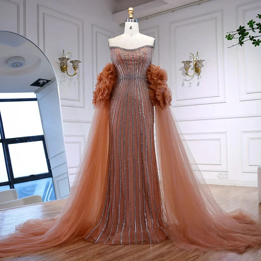 Luxury Pink Beaded Mermaid  Arabic Evening Dress with Cape