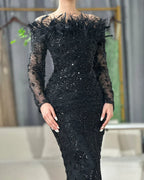 Luxury Dubai Green Long Sleeves Feathers Beaded Evening Dress