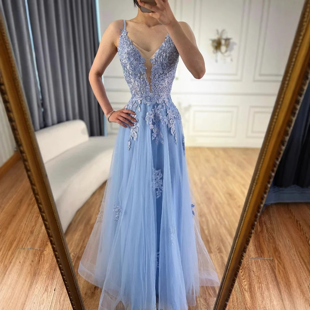 Luxury Sage Green Lace A-Line Prom Dress with Spaghetti Straps