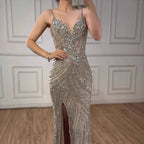Luxury Nude Beaded High Slit Mermaid Evening Dress