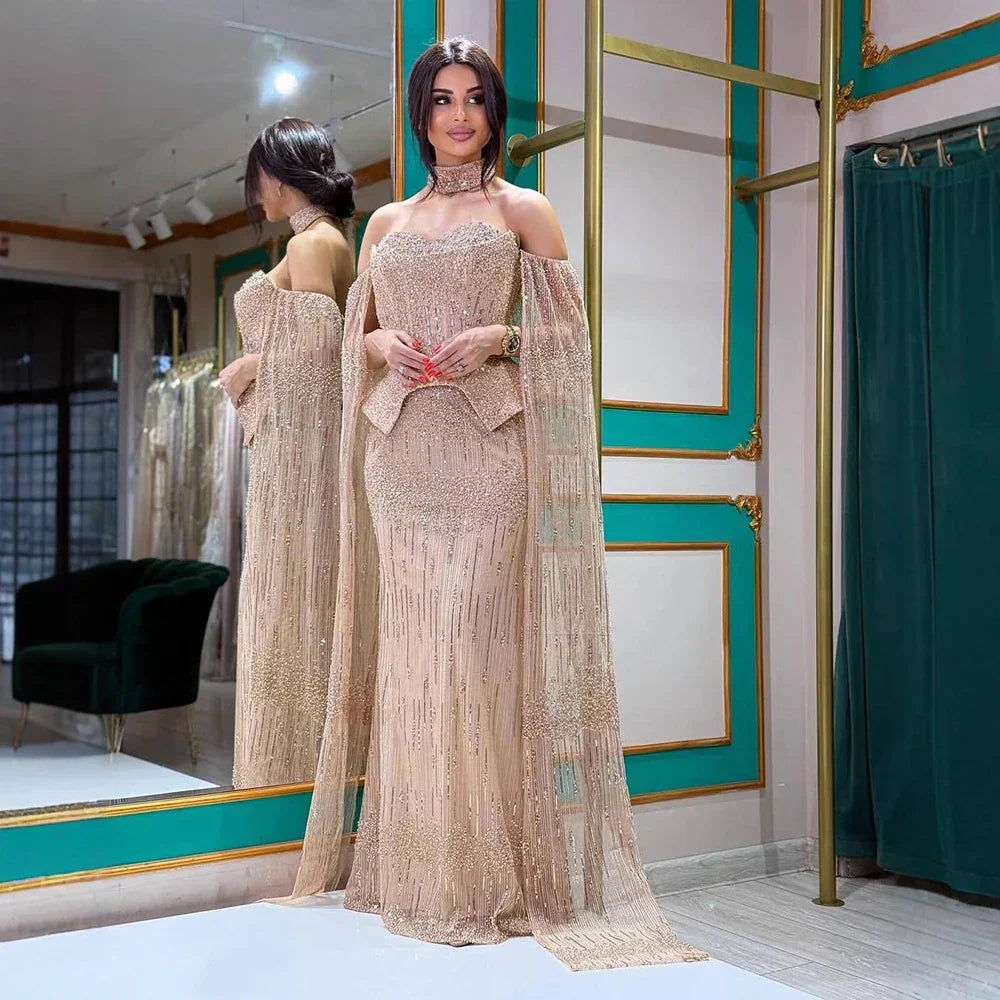 Luxury Gray Beaded Off-Shoulder Evening Dress with Cape Sleeves