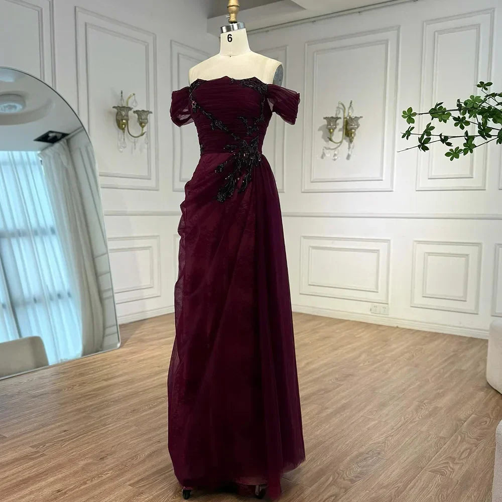 Elegant Wine Red Off Shoulder Lace Evening Dress with Appliques