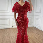 Luxury Arabic Red Mermaid Evening Dress with Feathers Beaded