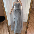 Luxury Gray Beaded Off-Shoulder Evening Dress with Cape Sleeves