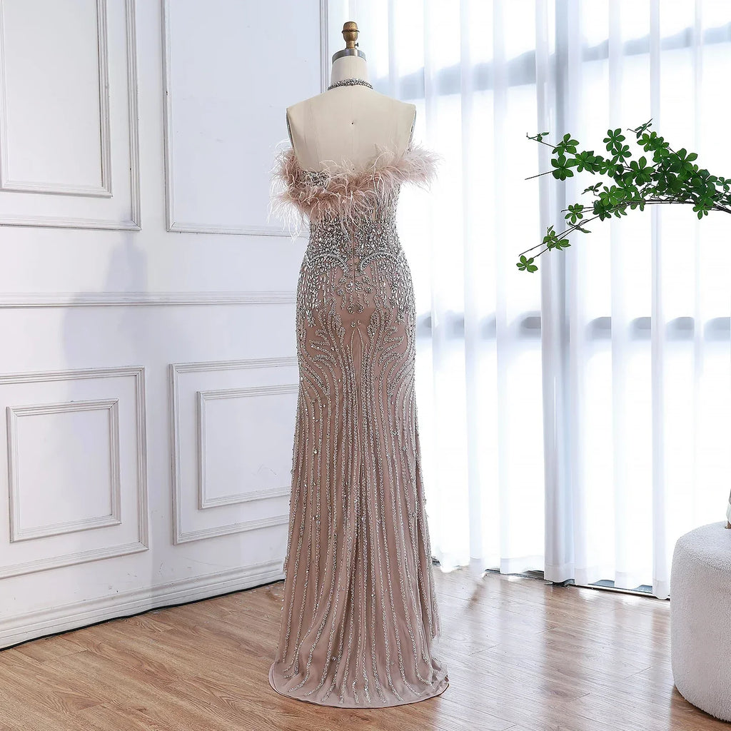 Luxury Nude Halter Feather Crystal Evening Dress