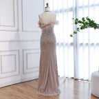 Luxury Nude Halter Feather Crystal Evening Dress