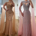 Luxury Nude Beaded Mermaid Evening Dress with Cape