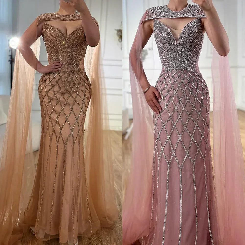 Luxury Nude Beaded Mermaid Evening Dress with Cape