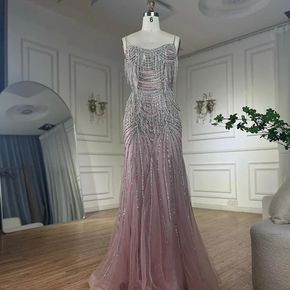 Luxury Nude Pink Crystal Tassel Mermaid Evening Dress