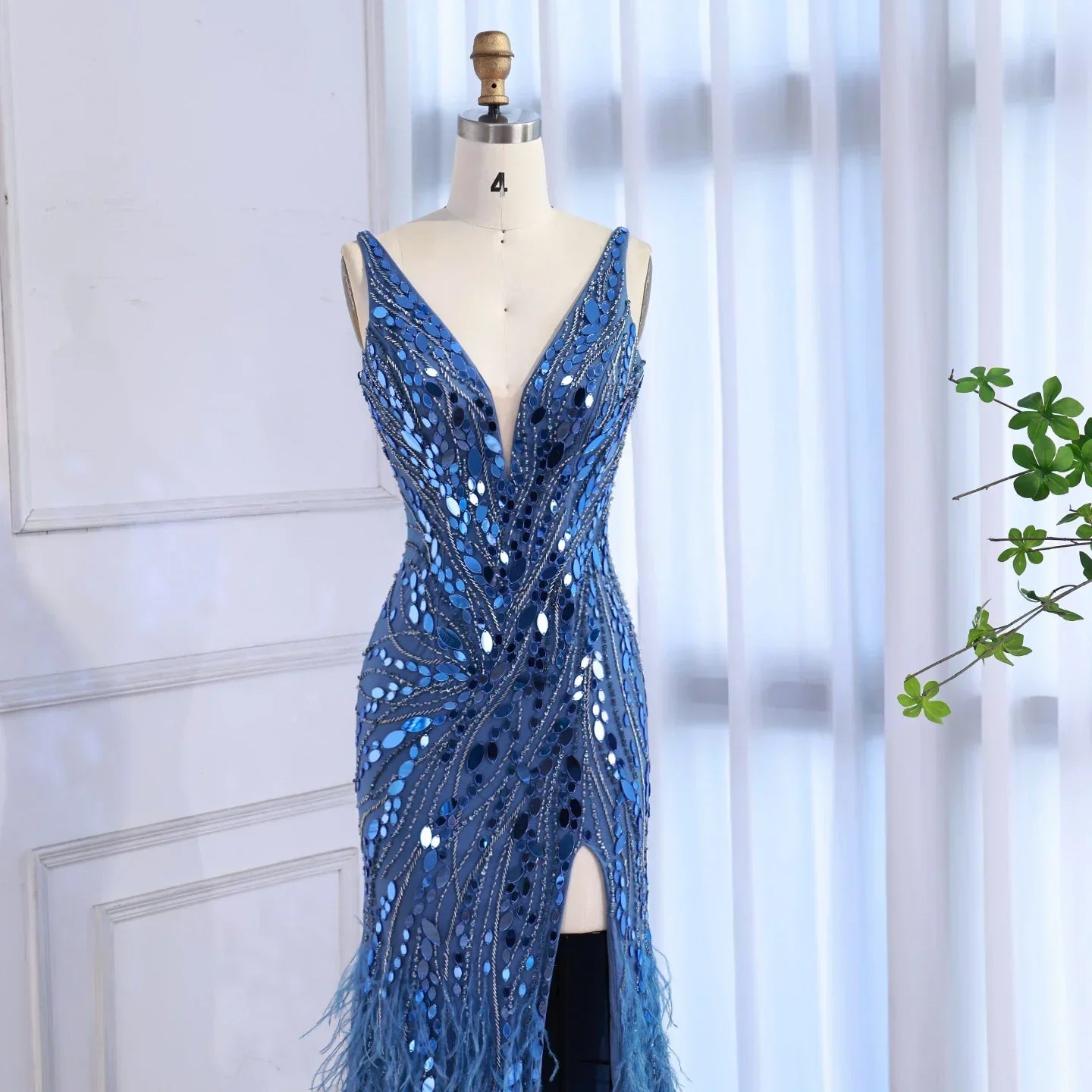 Luxury Blue Beaded Feather Mermaid Evening Dress