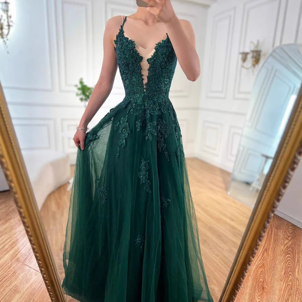 Luxury Sage Green Lace A-Line Prom Dress with Spaghetti Straps