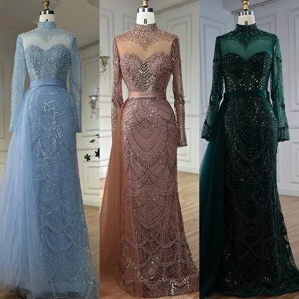 Luxury Brown Beaded Mermaid Evening Dress with Side Overskirt